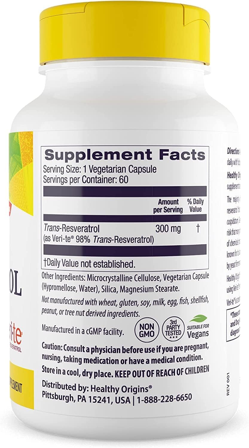 Healthy Origins Resveratrol (Trans-Resveratrol), 300 mg – Suplementos nutricionales de resveratrol europeos – Suplemento antioxidante vegano, sin