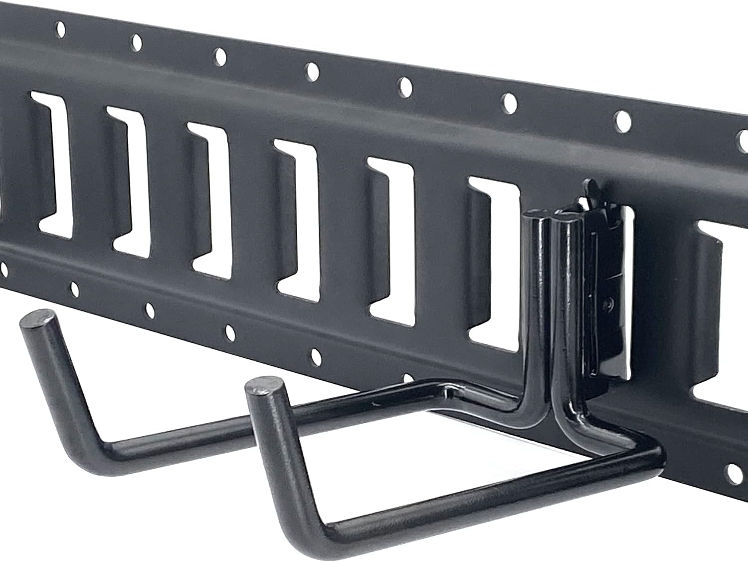 E-Track – Paquete de 2 ganchos para pala resistentes para almacenar herramientas de mango largo, gancho en J doble para herramientas de acero