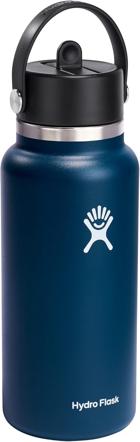 Hydro Flask Botella de agua de boca ancha de acero inoxidable con tapa de popote flexible y aislamiento al vacío de doble pared