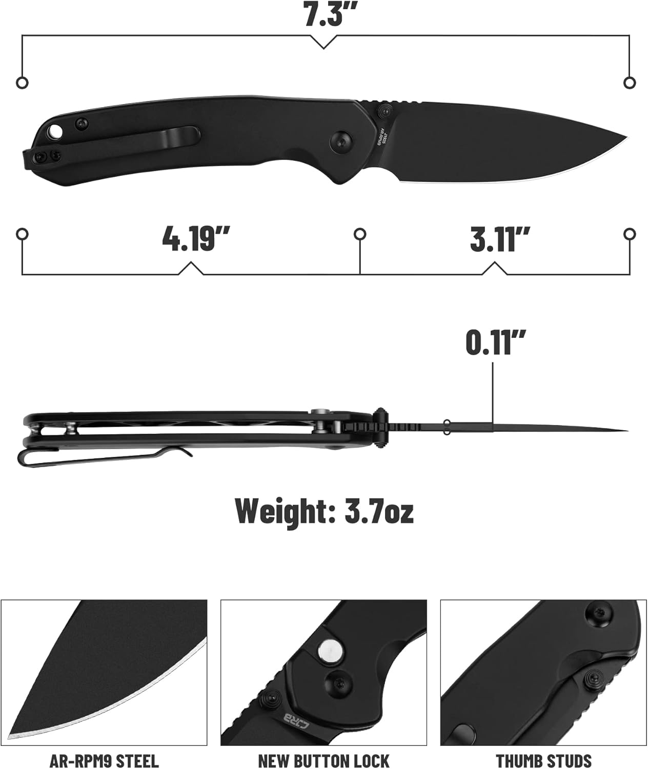 CJRB – Cuchillo plegable pirita (J1925) AR-RPM9 hoja y mango de acero inoxidable PVD negro con bloqueo de botón EDC Navaja de bolsillo con clip