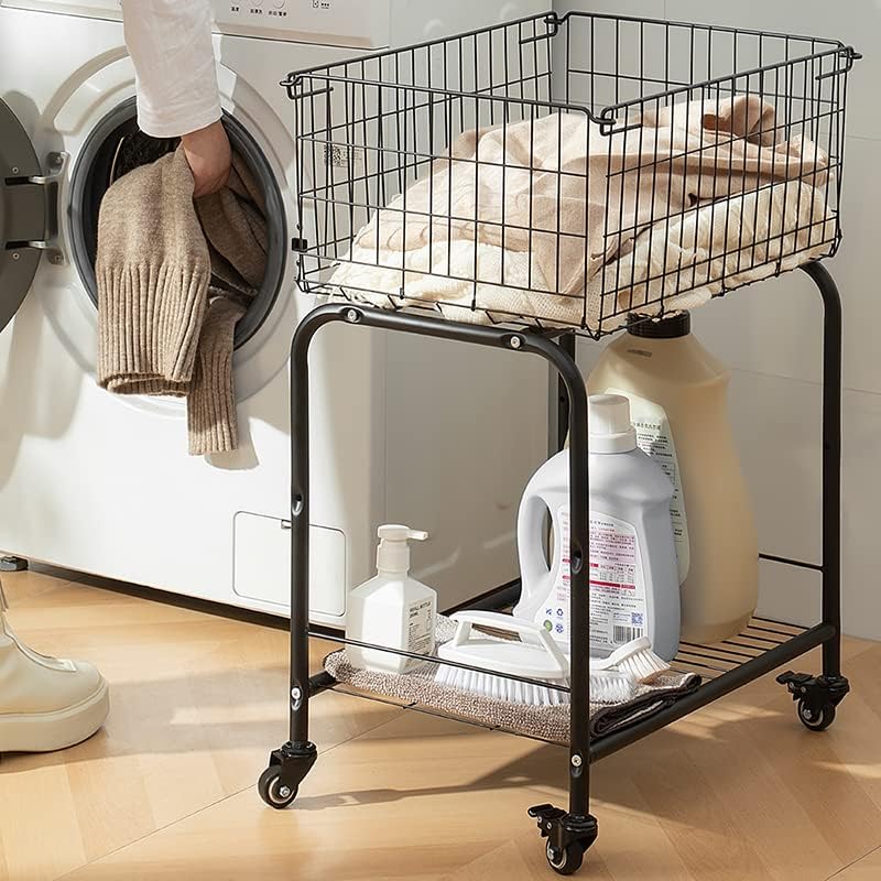 Cesta para almacenamiento de ropa, fácil de mover con ruedas tiene freno, cesta de lavandería, color blanco, cesta rodante (NEGRO)