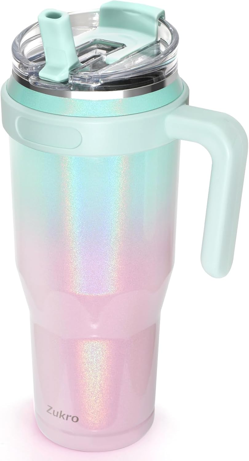 Vaso de 50 onzas con popote abatible y asa, vaso grande de acero inoxidable aislado a prueba de fugas con popote 2 en 1 y tapa para sorber, apto
