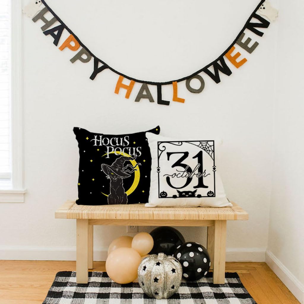 Fundas de almohada de Hocus Pocus, diseño de gato negro de Halloween, 18 x 18 pulgadas, sombrero de bruja espeluznante de luna, funda de almohada