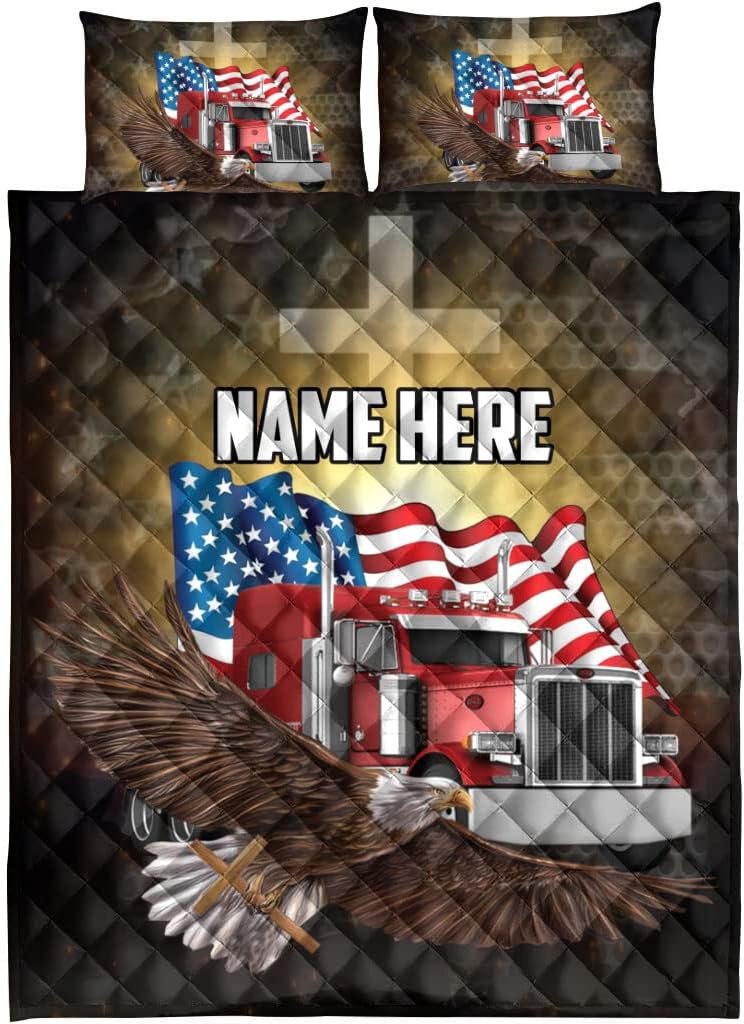 Juego de ropa de cama y fundas de almohada con diseño de bandera estadounidense con diseño de bandera estadounidense, diseño de camionero, juego de
