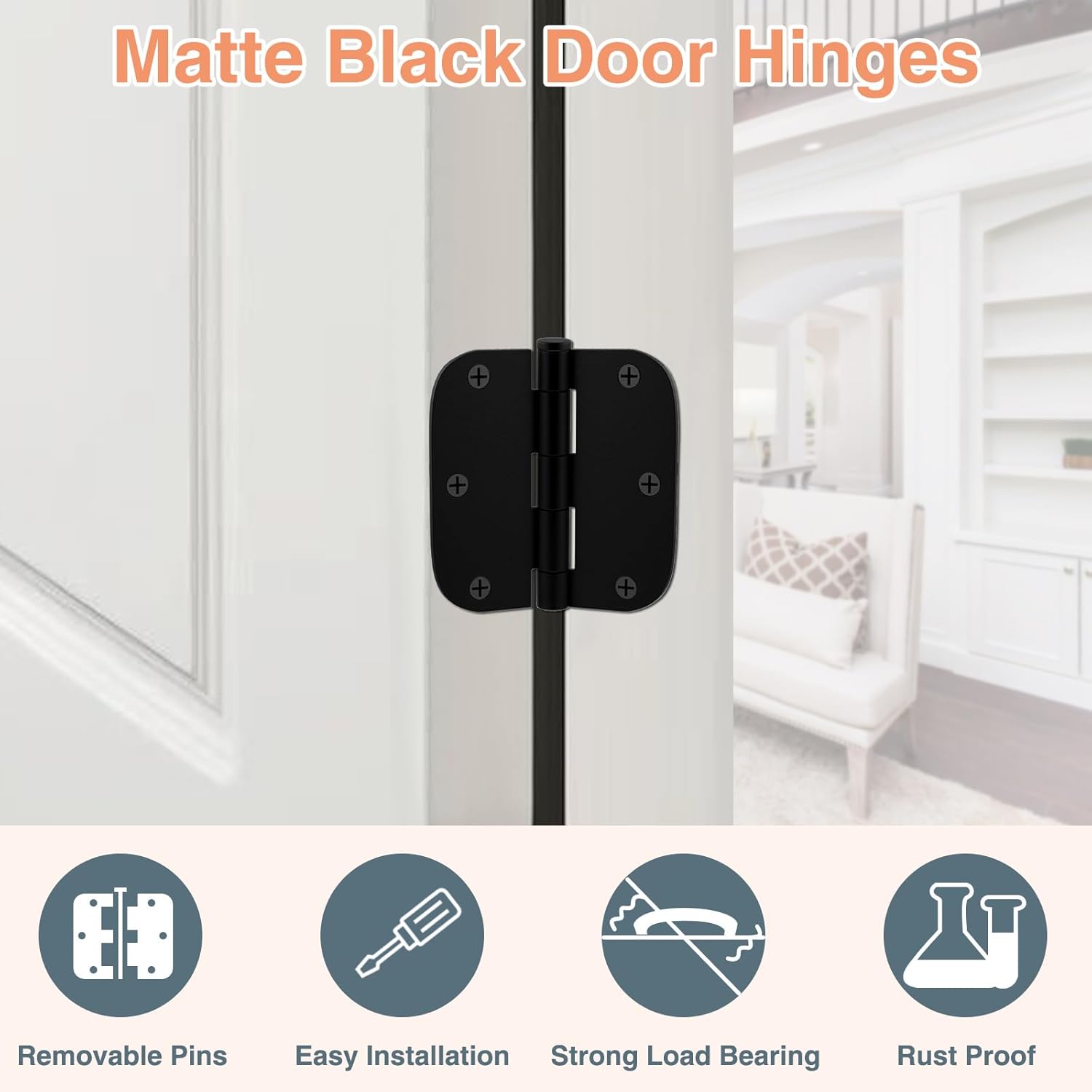 Paquete de 30 bisagras de puerta de color negro mate de 3.5 x 3.5 pulgadas, bisagras de puerta redondeadas interiores con radio de 58 pulgadas,
