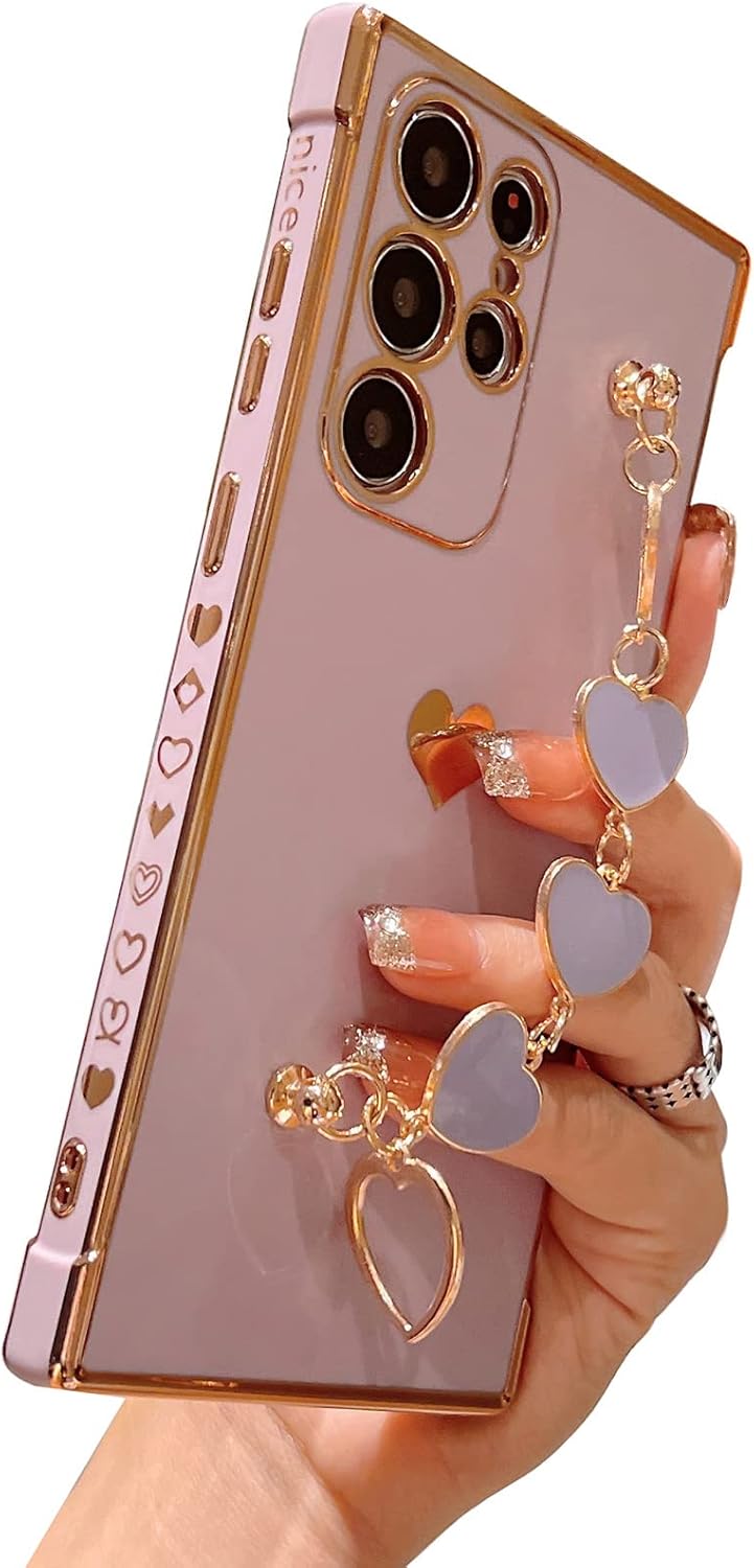 Funda para Samsung Galaxy S22 Ultra con pulsera de cadena única, chapado de lujo, bonitos corazones en el lateral, funda de correa de mano de fácil