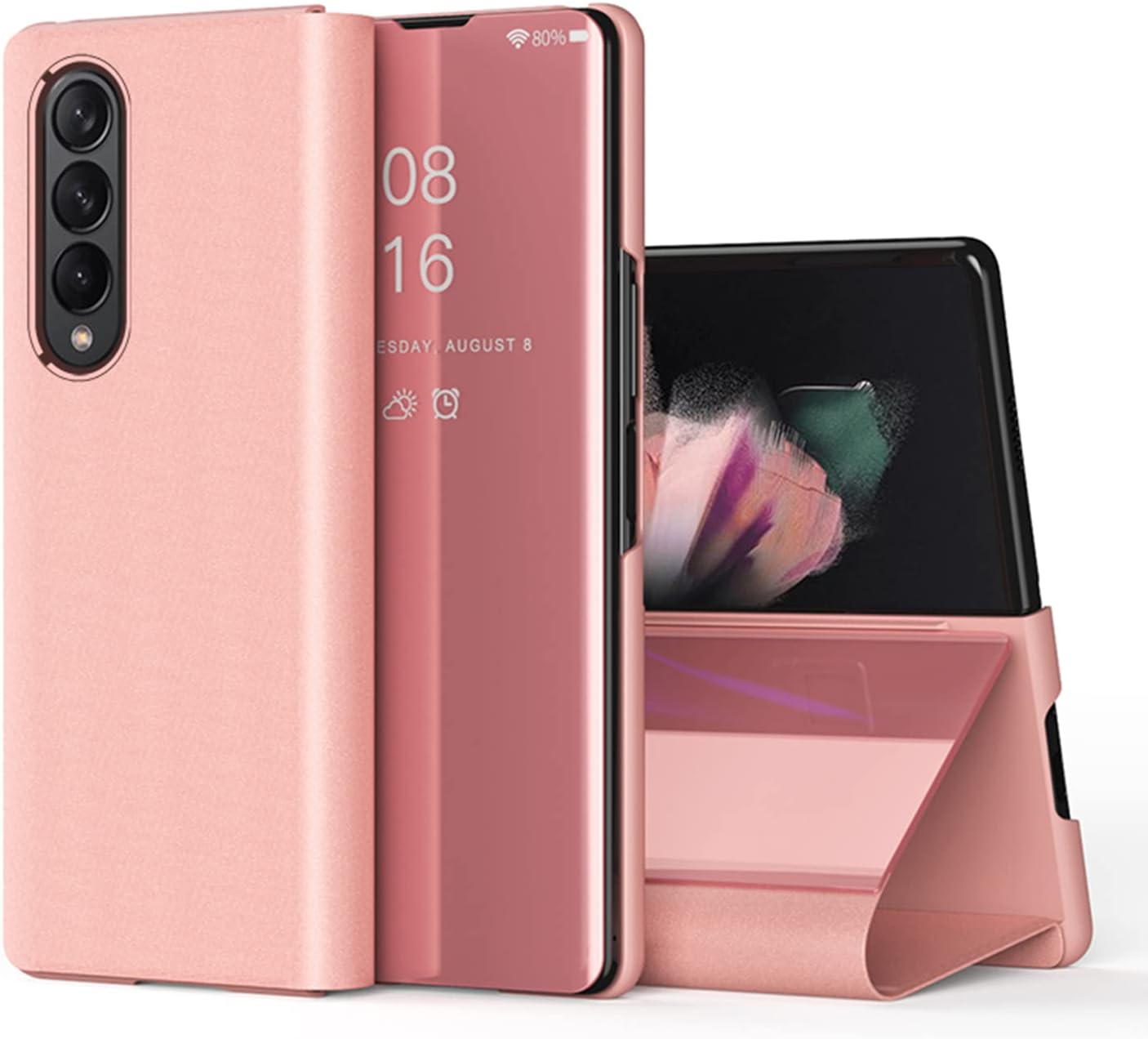Funda compatible con Samsung Galaxy Z Fold 3, de piel, delgada, transparente, espejo S-View, a prueba de golpes, con función atril, antiarañazos,