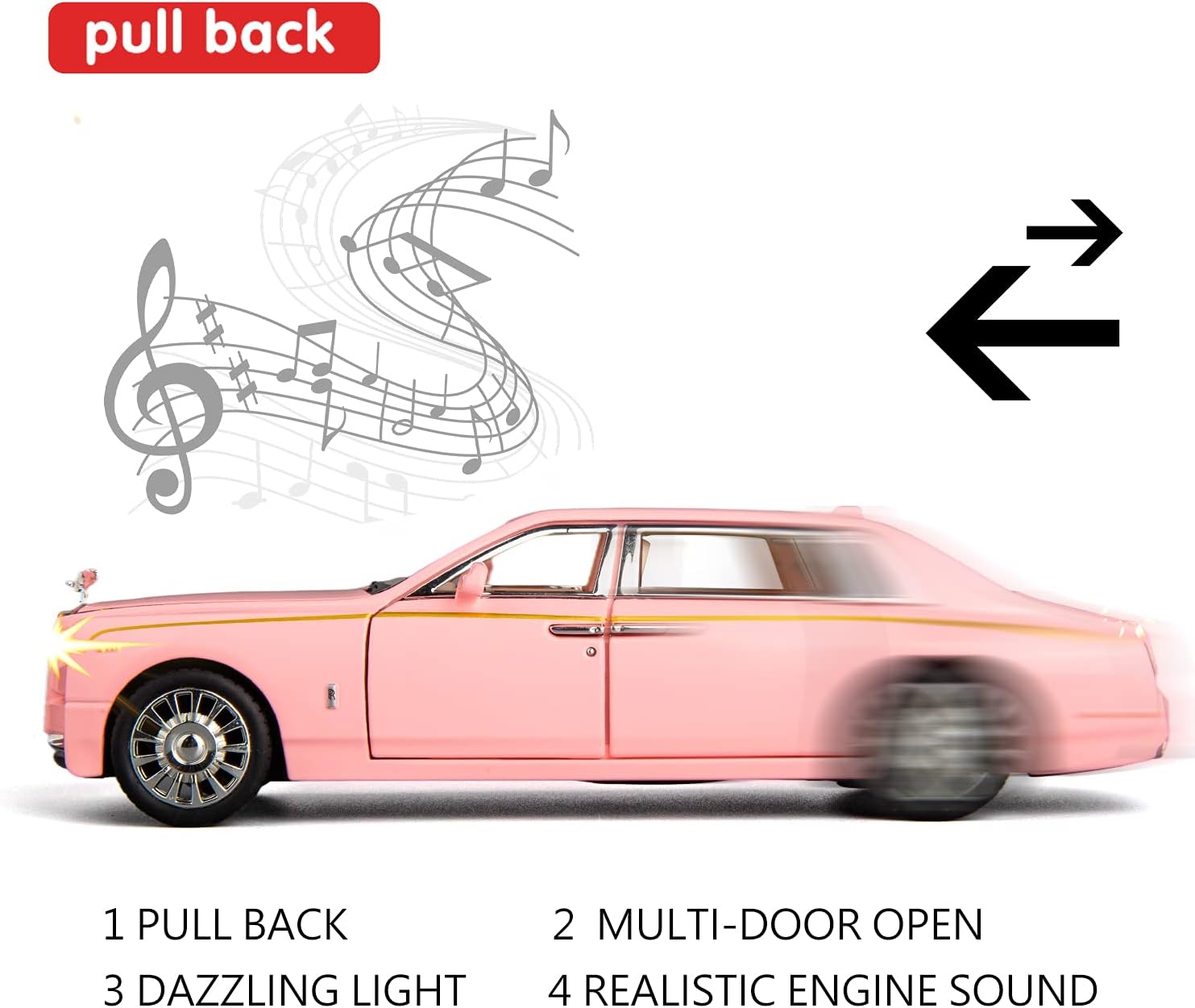 BDTCTK 132 Rolls-Royce Phantom Model Car, auto de juguete de aleación de zinc con sonido y luz para regalo de niños y niñas (rosa)