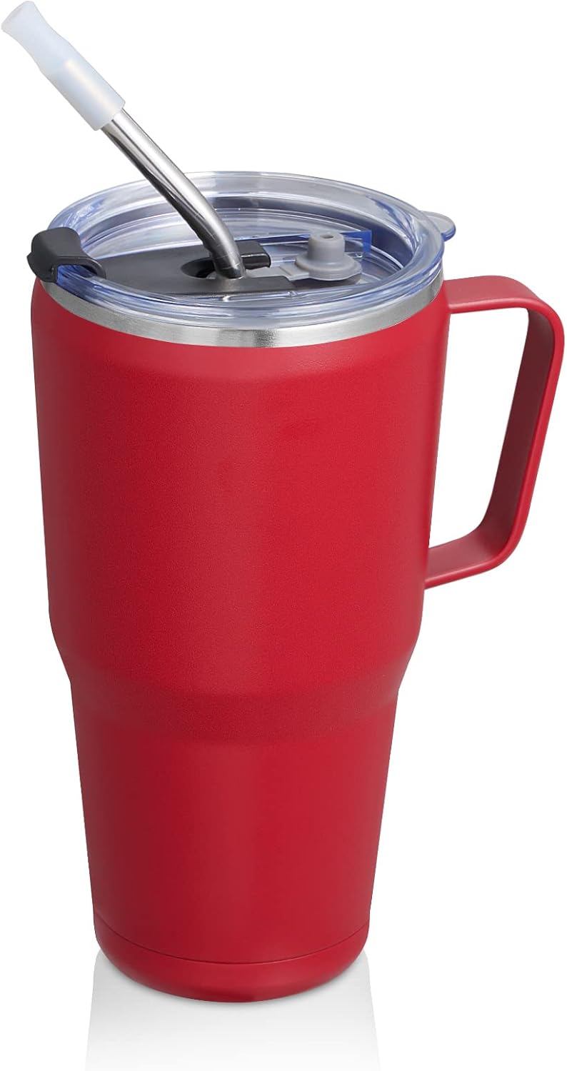 JEAREY Vaso de 30 onzas con asa, vaso de acero inoxidable con tapa y popote, vaso aislado de viaje para bebidas calientes y bebidas frías, vasos