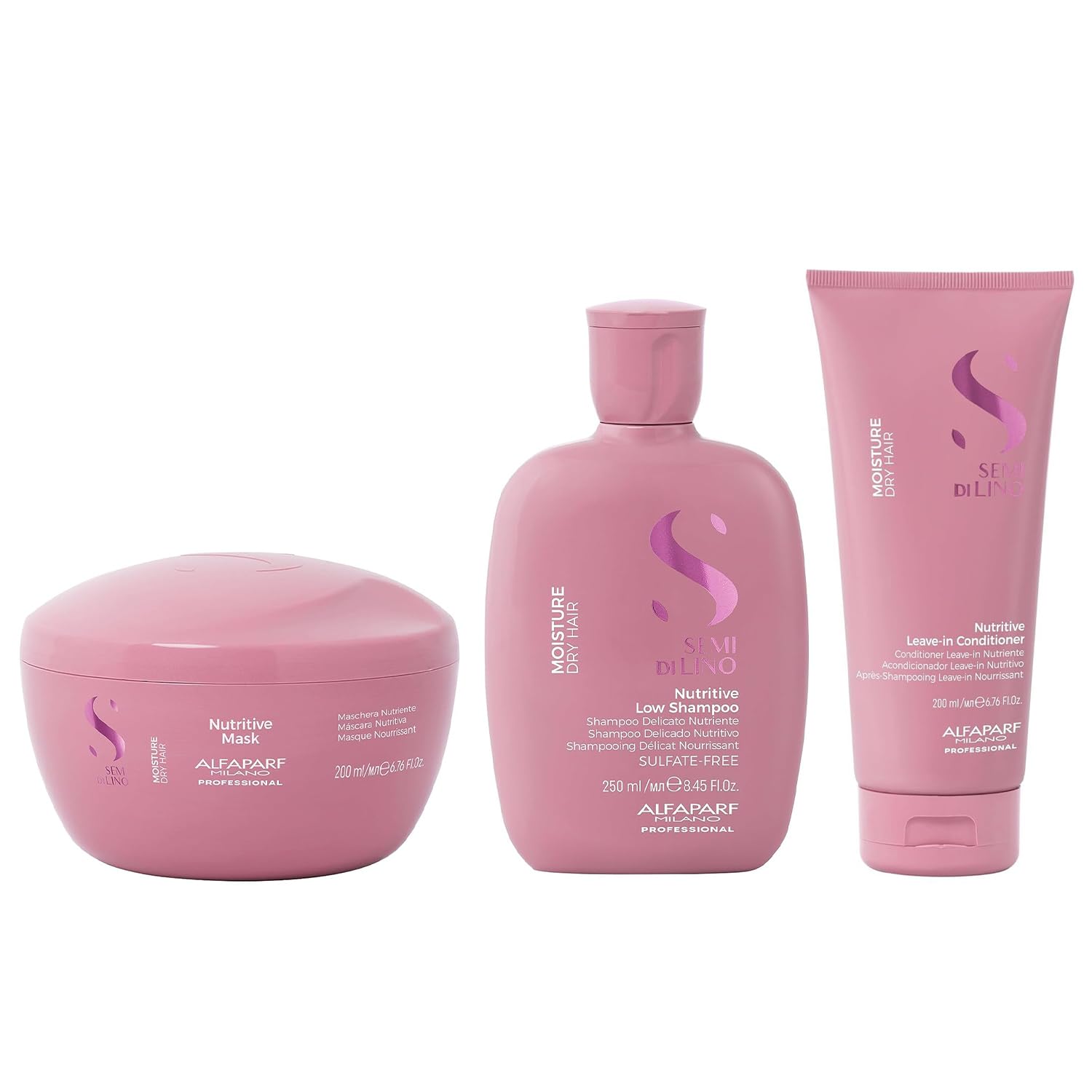 ALFAPARF MILANO Semi Di Lino Moisture Nutritive Deep Conditioning Hair Mask (6.76 oz) + Champú Hidratante (8.45 oz) + Acondicionador sin enjuague