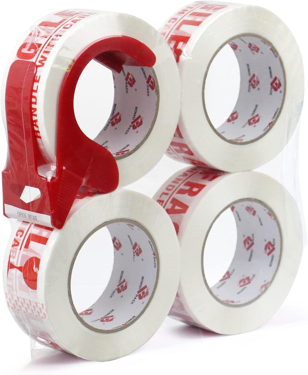 BOMEI PACK Cinta de embalaje frágil con cinta de mudanza, cinta de envío frágil, 2 pulgadas x 330 pies (110 yardas), cinta frágil resistente para