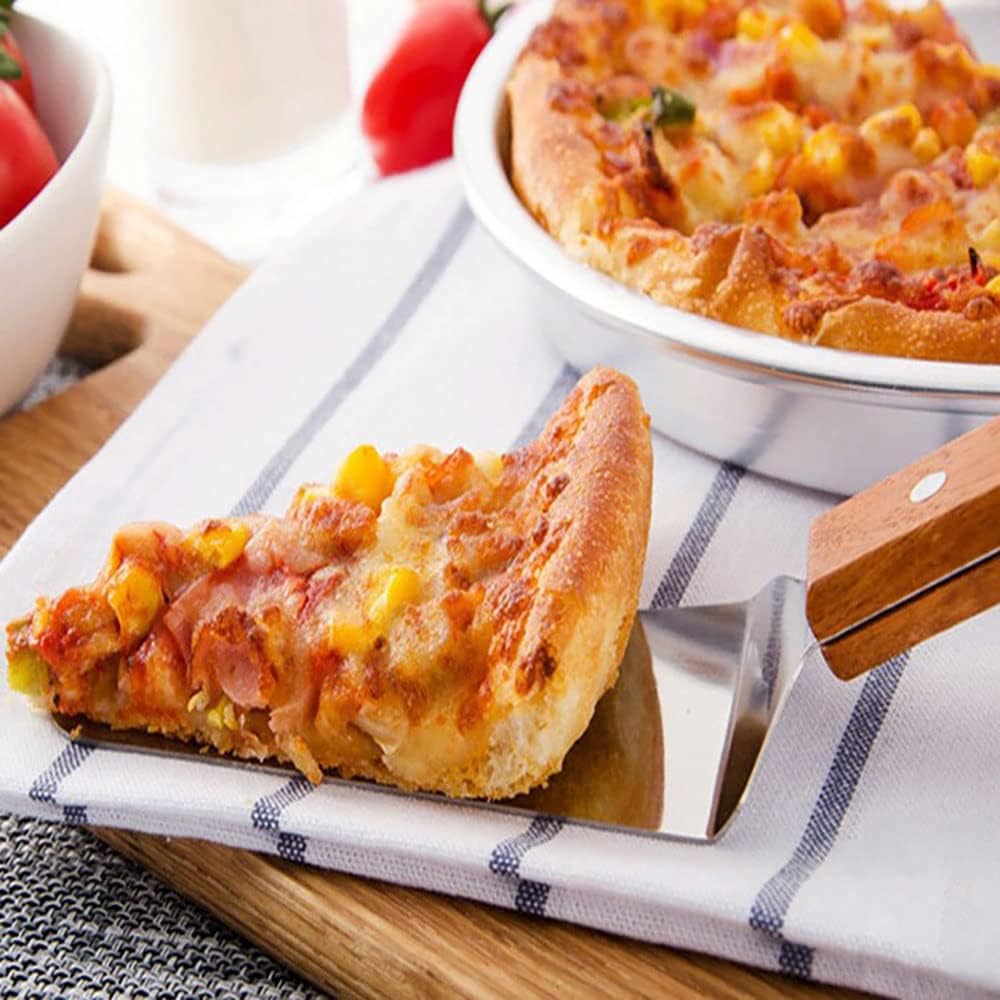 Servidor de pizza con mango de madera, acero inoxidable, espátula de pala triangular, antideslizante, fácil de agarrar, espátula de pizza, pastel,