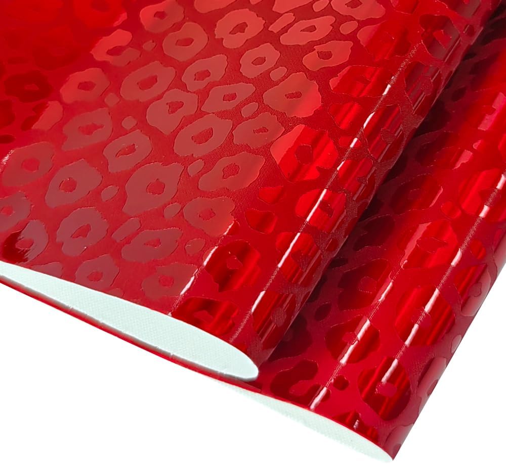 Hojas holográficas de piel sintética color rojo leopardo en relieve, rollo de tela sintética iridiscente de 12 x 53 pulgadas para manualidades,