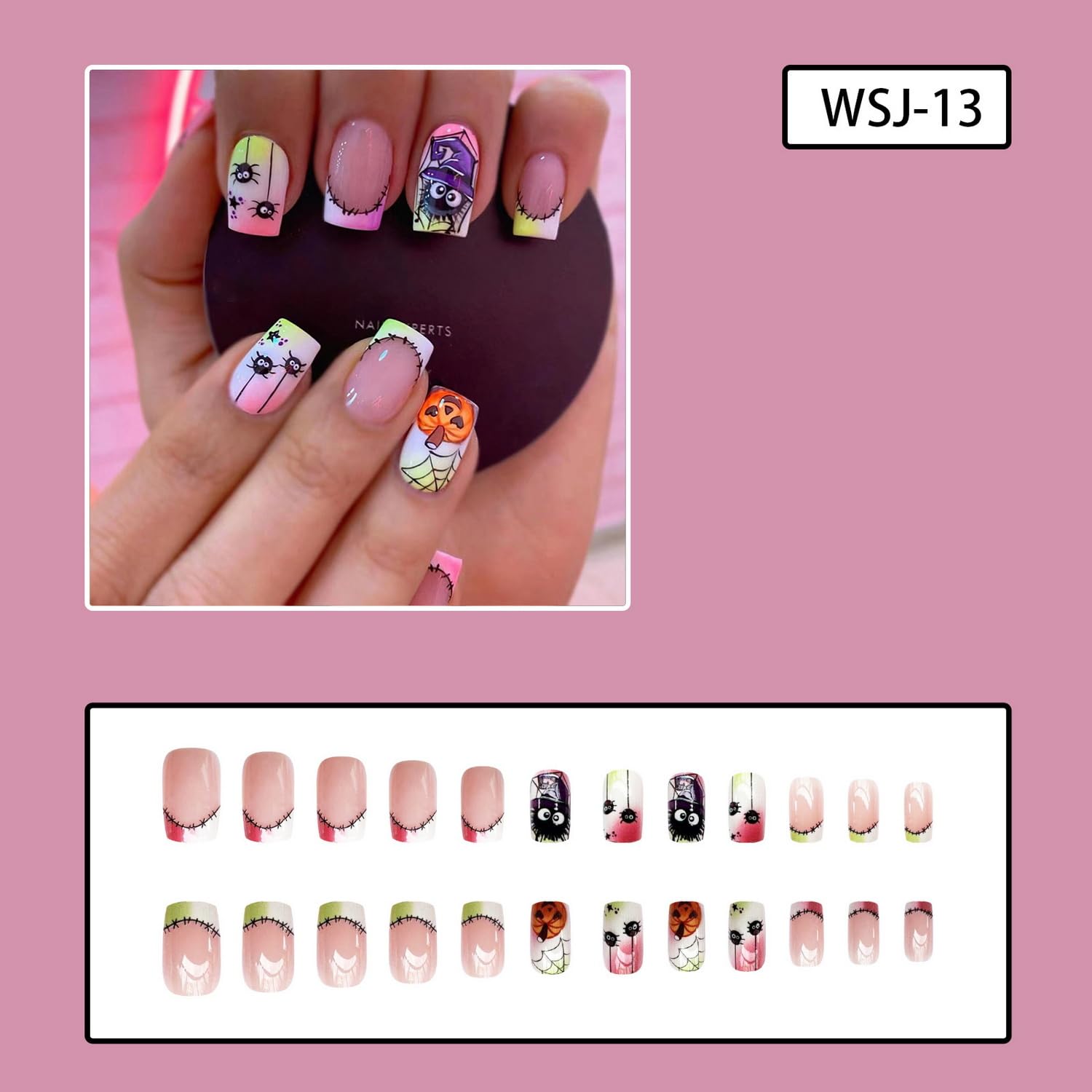 Uñas postizas a presión de Halloween, cuadradas, medianas, con diseños de telaraña, parches coloridos, punta francesa, uñas acrílicas, uñas