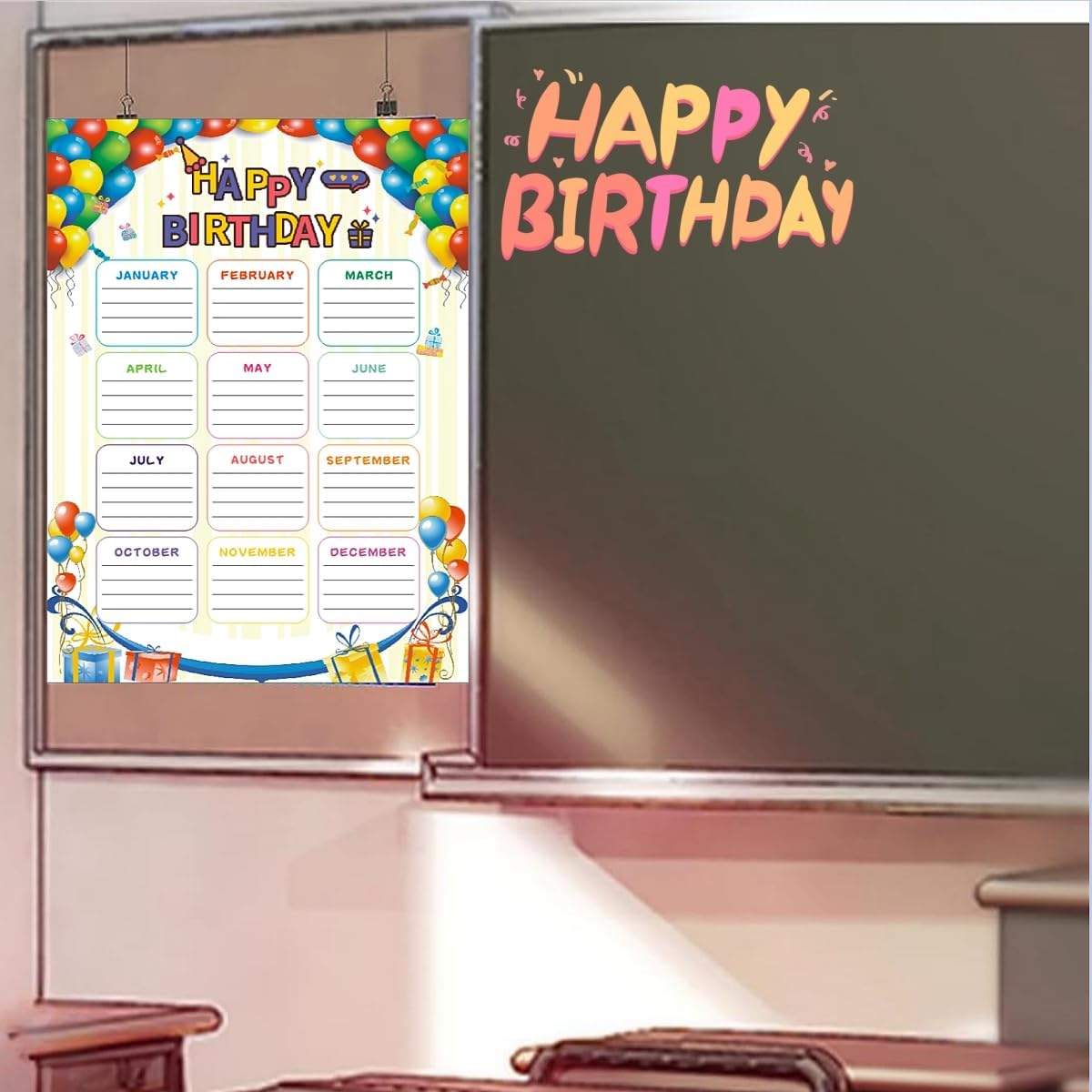 Paquete de 4 carteles de feliz cumpleaños para decoración de aula, recortes de calendario de cumpleaños para tablón de anuncios escolar, pizarras de