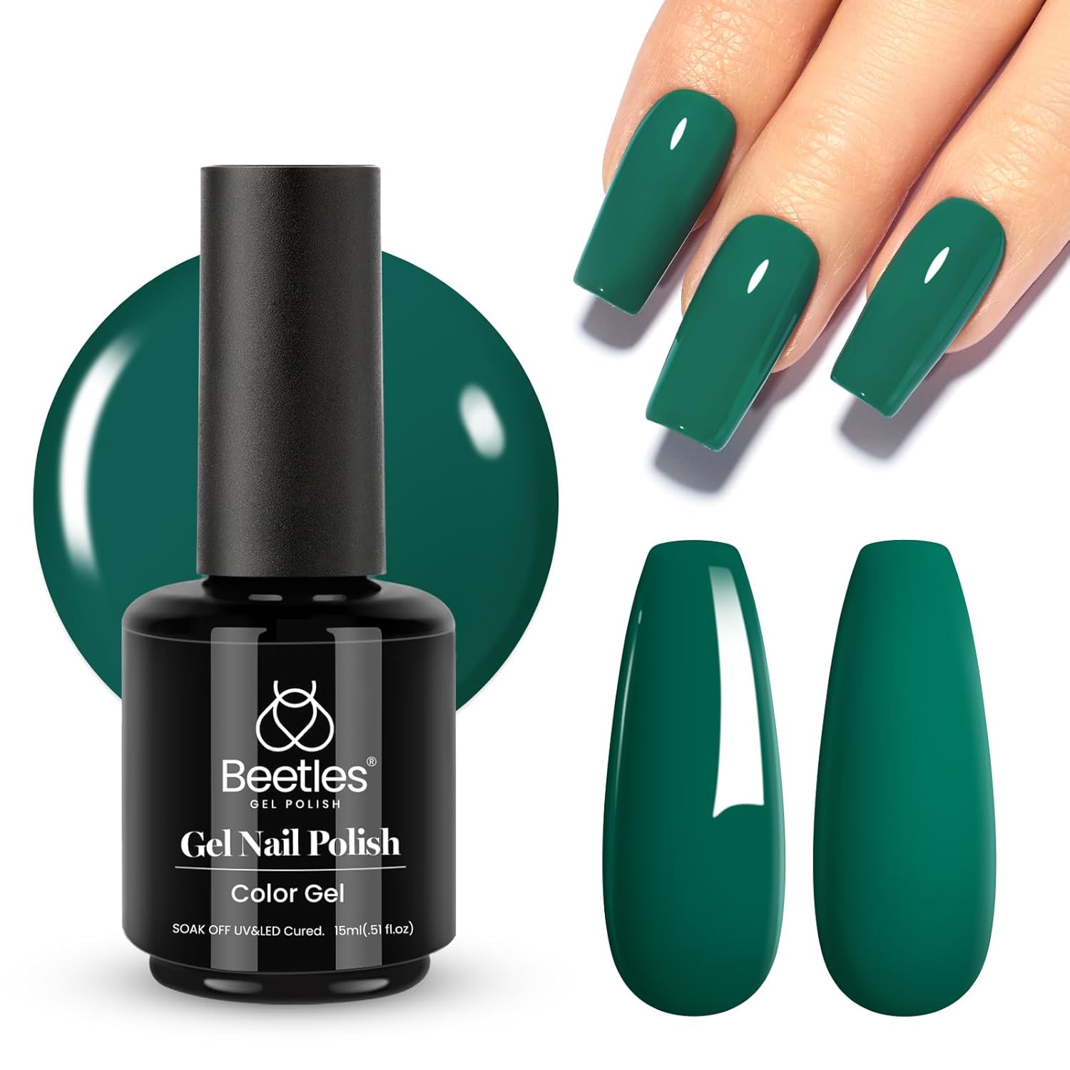 Beetles – Esmalte de uñas en gel, 1 unidad de 0.5 onzas fluidas (15ml), esmalte de uñas en gel de color verde esmeralda, con lámpara LED, arte de