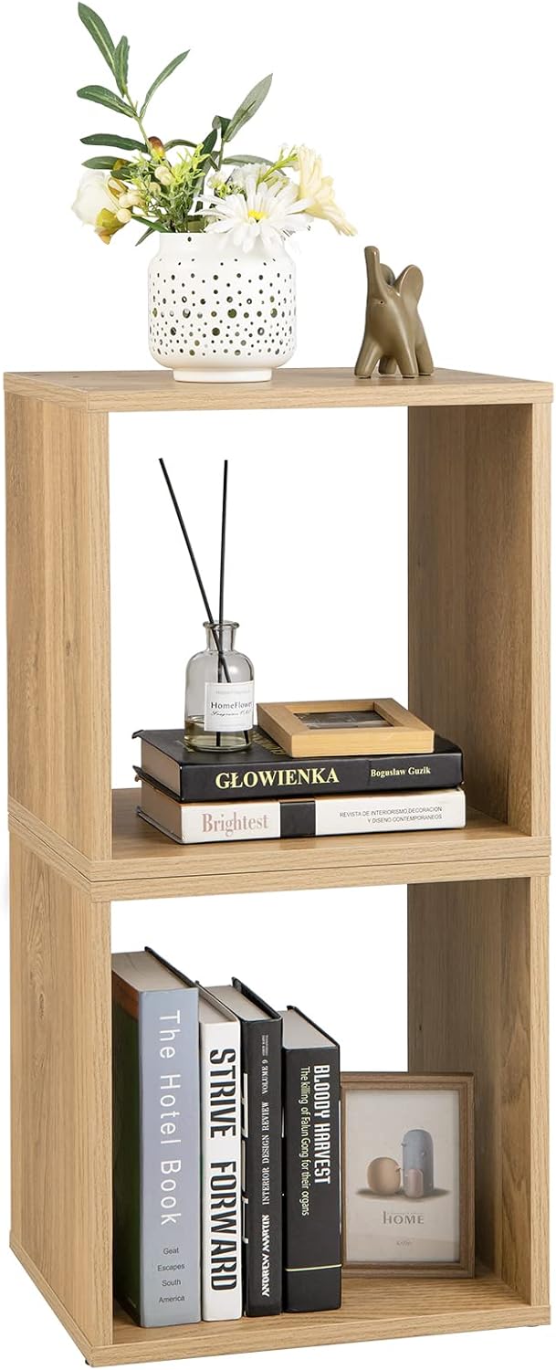 Giantex Organizador de estantería de 2 cubos, estantería abierta de 2 niveles de 15 pulgadas de alto con dispositivo anti-caída, organizador de