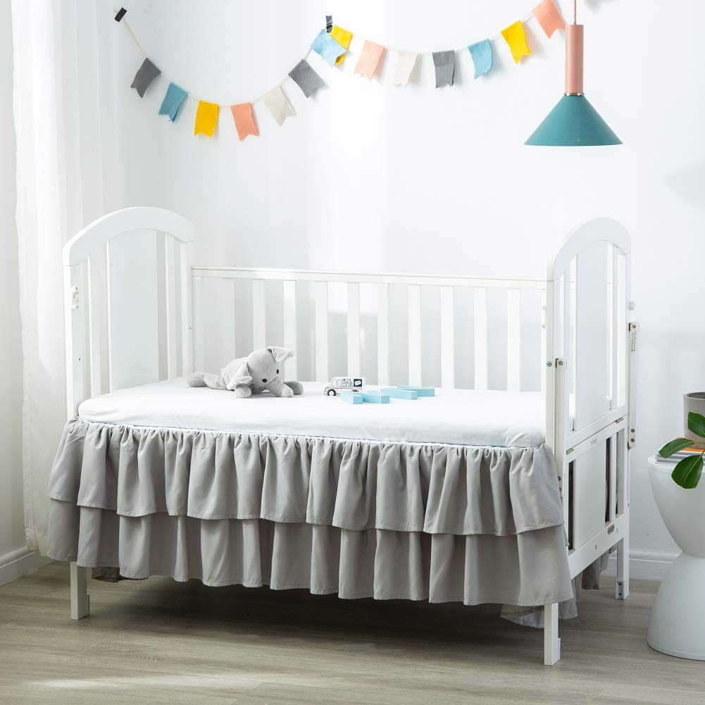 JSD Falda de cama para cuna, con volantes, de doble capa, microfibra cepillada, para cuna, para bebé, niño, color gris, 14 pulgadas