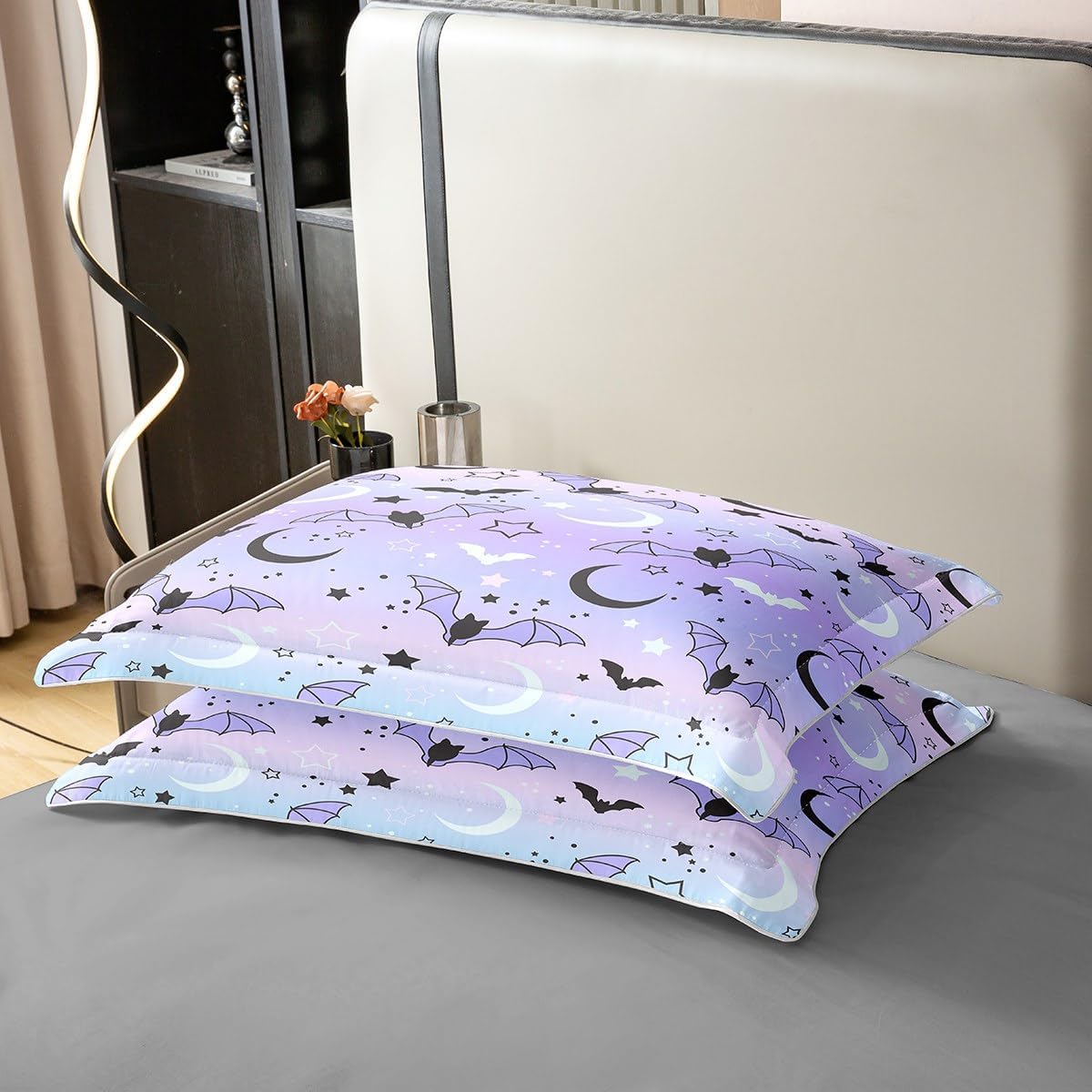 Helloween – Juego de ropa de cama de 100 % algodón natural, diseño de murciélagos y estrellas de galaxia, luna y neón para niños y niñas, decoración