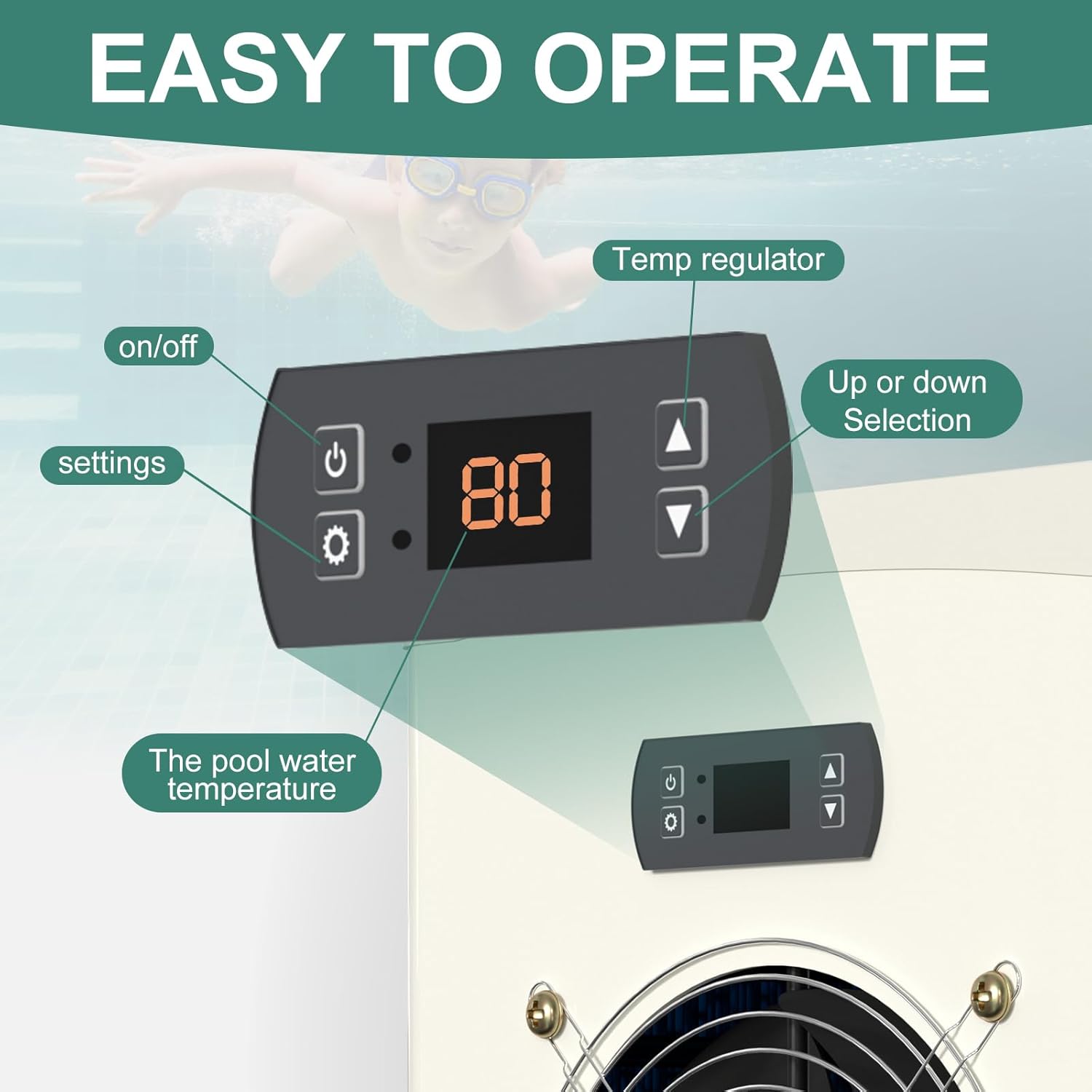 ABORON – Calentador de agua para piscinas sobre el suelo, bomba de calor de piscina, 14300 BTUh, hasta 2300 galones, 110V  120V60Hz