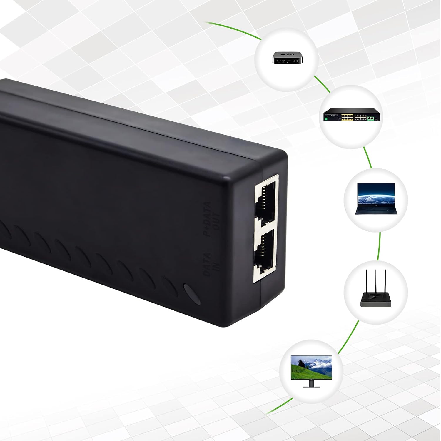 Inyector Gigabit PoE, Inyector PoE+ de 30 W, Adaptador Ethernet PoE+, Adaptador de alimentación a través de Ethernet, RJ45 de 101001000 Mbps, Cumple