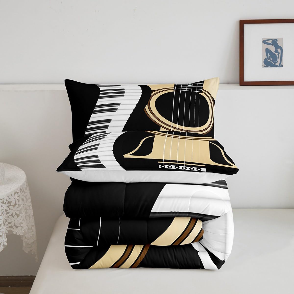 Erosebridal Juego de edredón de guitarra, tamaño Queen para niños y niñas, juego de ropa de cama con teclados de piano, juegos de ropa de cama