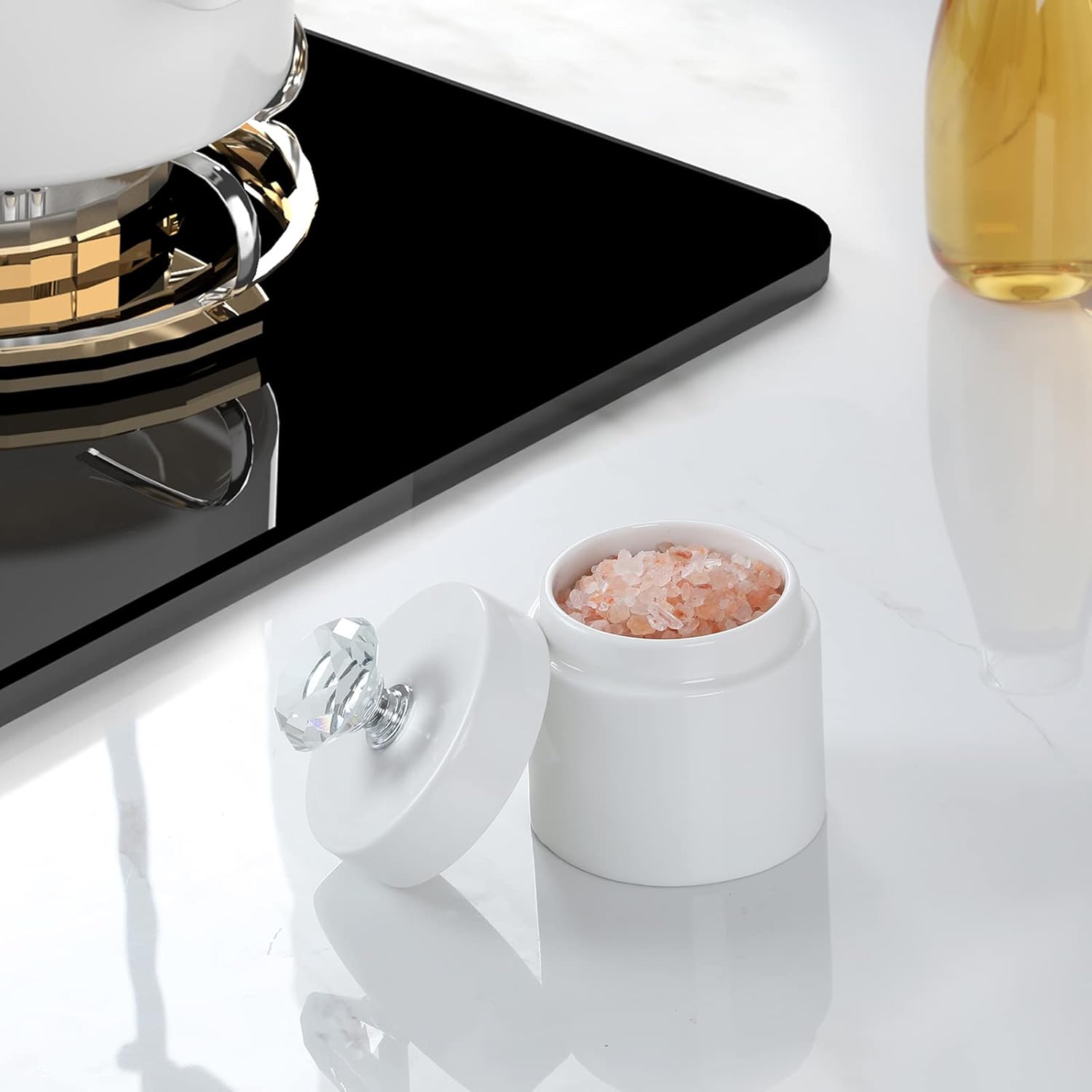 ONTUBE Organizador de hisopos de algodón de porcelana con tapa de cristal y fácil de limpiar, color blanco (tapa plateada, juego de 1)