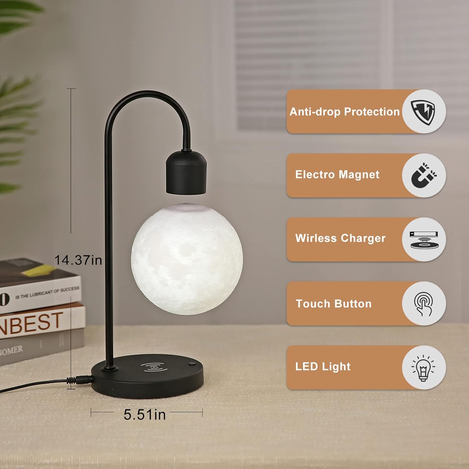 Lámpara de luna flotante, bombilla LED magnética de escritorio con bola de levitación LED y cargador de teléfono inalámbrico, decoración de oficina