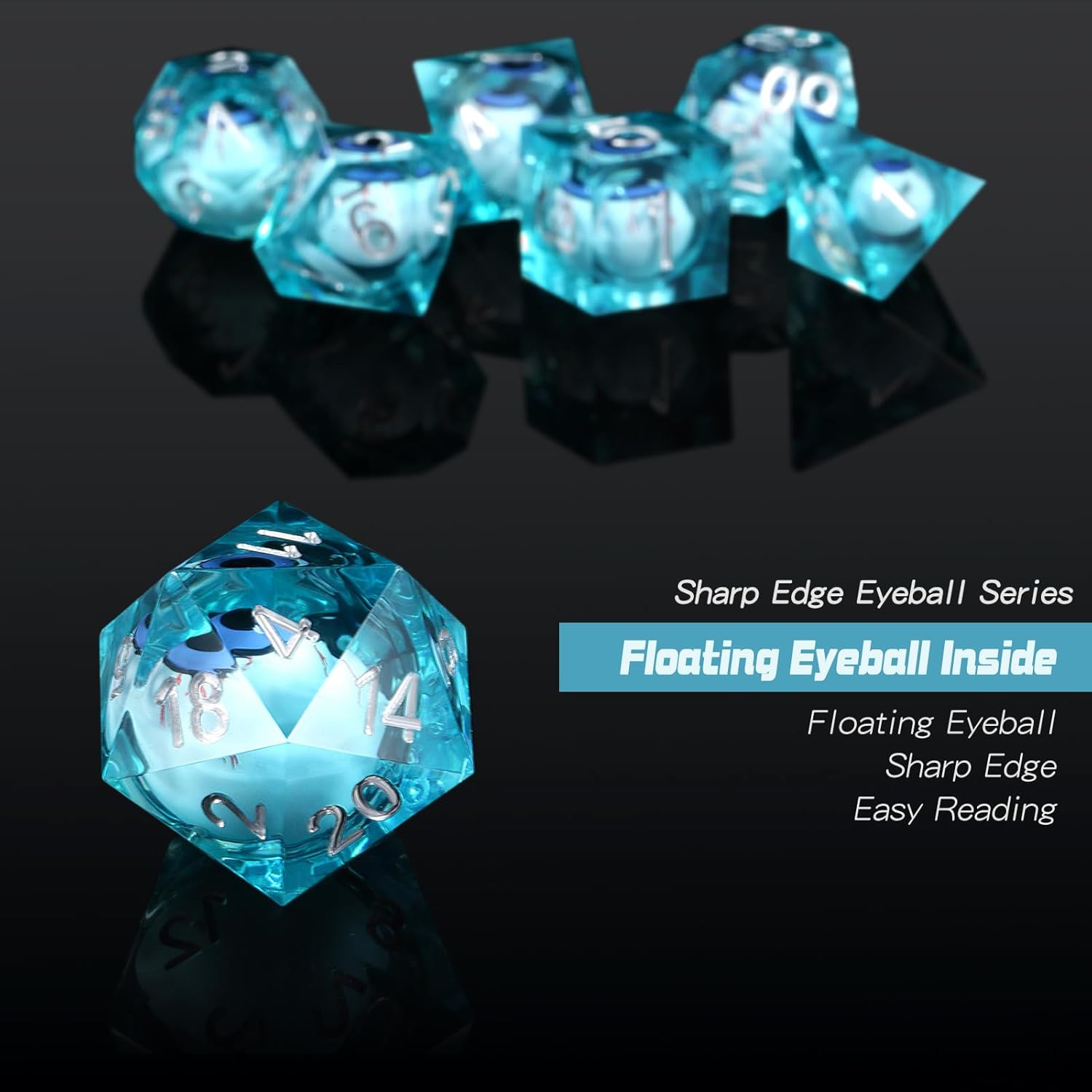 DNDND Dados DND de resina líquida de borde afilado con estuche de regalo para juego de mazmorras y dragones (azul con globo ocular)