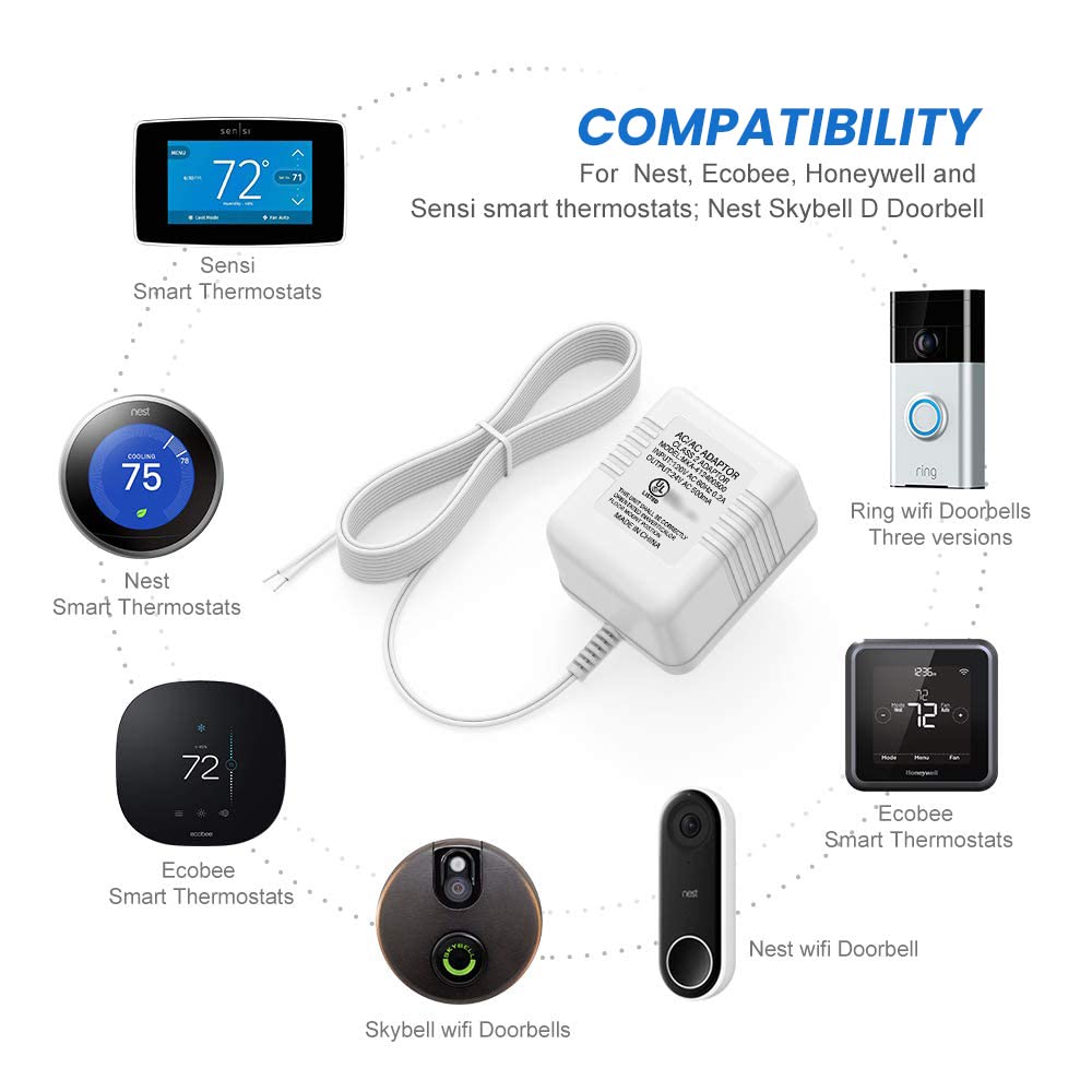 Xwartre Transformador de timbre con certificación UL, fuente de alimentación de 24 V compatible con Nest, Arlo, Ring, Amcrest, Logitech y otros