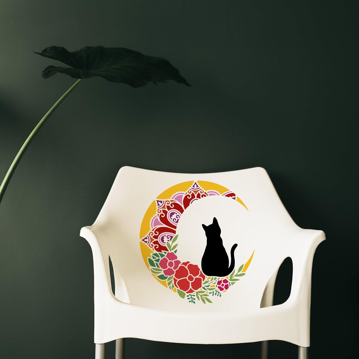 BEUNITONE Plantilla de pared de gato de luna, plantilla de mandala floral, gato negro, plantilla de azulejos de animales, plantillas de dibujo de