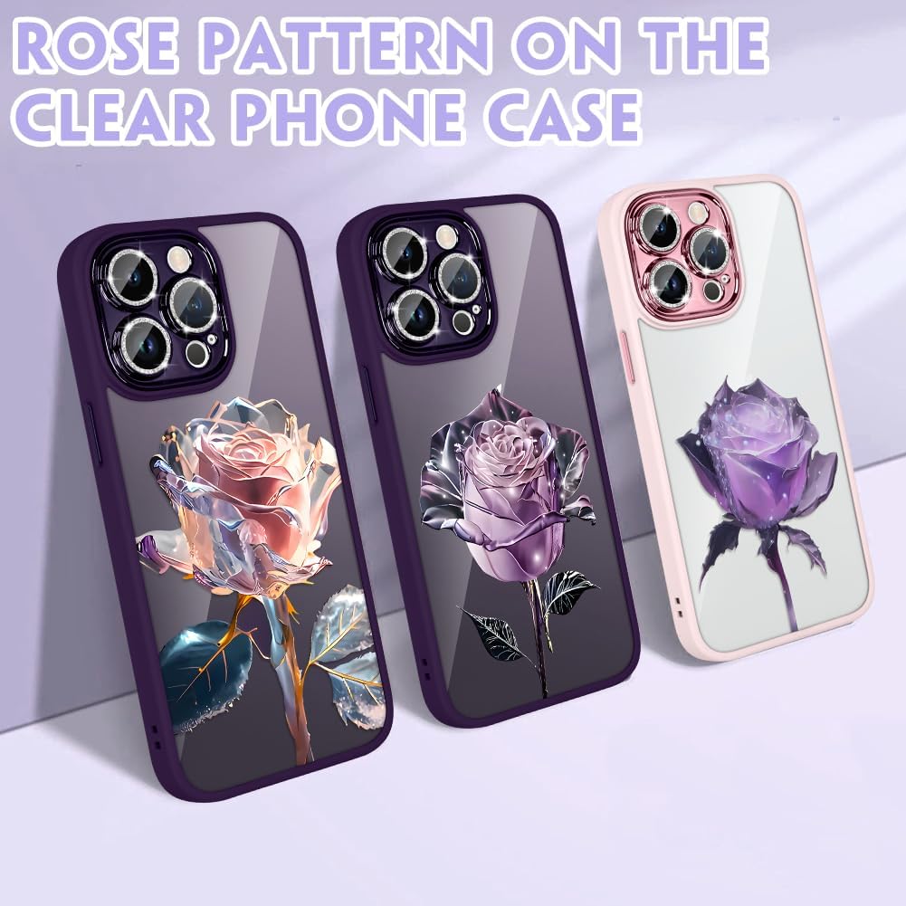 ZIYE Funda para iPhone 13 Pro Max, funda con diseño floral de rosa de hadas rosa con protector de lente de cámara integrado, purpurina brillante,