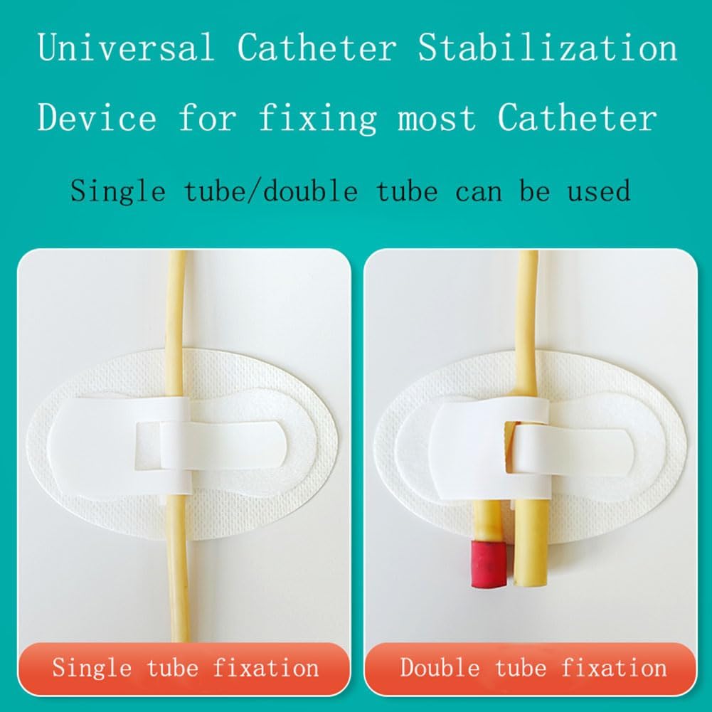 Dispositivo de estabilización de catéter, soporte para bolsa de catéter, soporte de banda para piernas de catéter, adhesivo de fijación de tubo