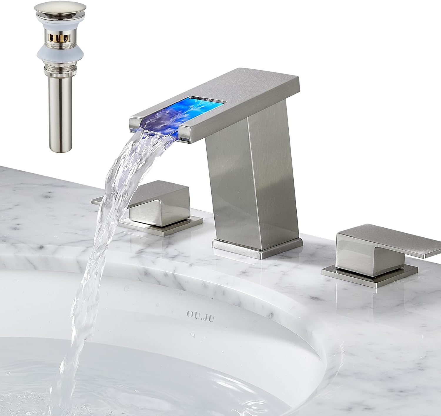 Grifo generalizado de luz LED para níquel cepillado de 3 agujeros, 8 pulgadas, grifo de baño moderno de cascada con drenaje desplegable y manguera
