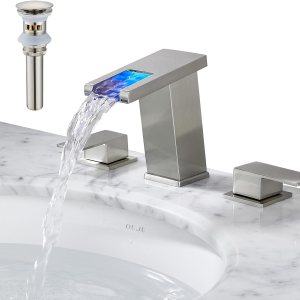 Grifo generalizado de luz LED para níquel cepillado de 3 agujeros, 8 pulgadas, grifo de baño moderno de cascada con drenaje desplegable y manguera Grifo generalizado de luz LED para níquel cepillado de 3 agujeros, 8 pulgadas, grifo de baño moderno de cascada con drenaje desplegable y manguera