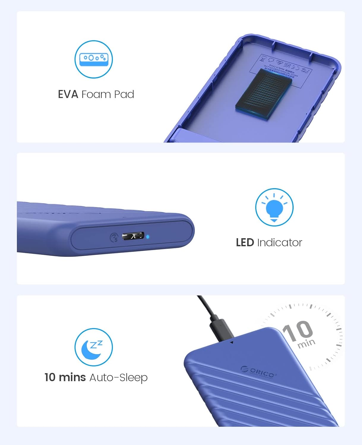 ORICO Caja de disco duro externo de 2,5 pulgadas USB 3.0 a SATA III para 0.276 in y 0.374 in SATA HDD SSD sin herramientas compatible con UASP Azul