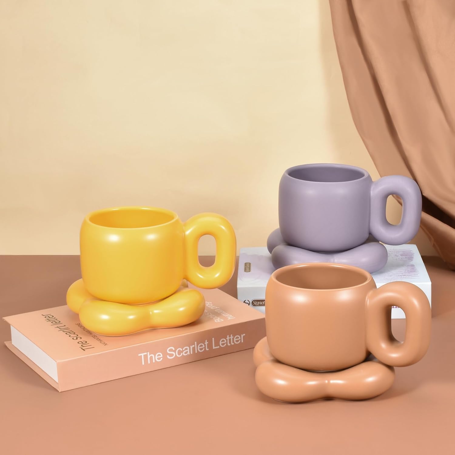 Koythin Taza de café de cerámica con platillo, bonita y creativa forma de flor con mango graso, platillo para oficina y hogar, apto para