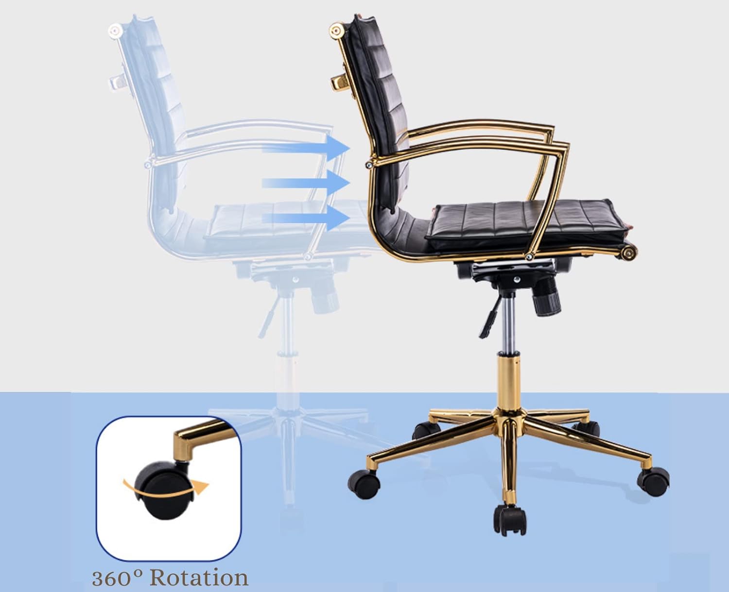EALSON Silla de escritorio de cuero moderna, silla ergonómica de oficina con ruedas y brazos, base dorada, cómoda silla de trabajo para computadora,