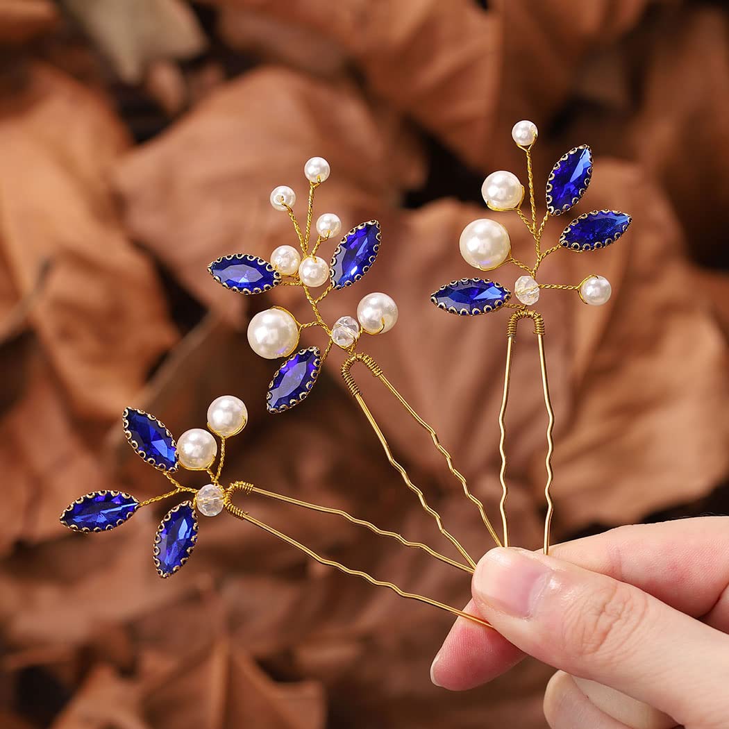 Latious Horquillas para el pelo de novia de novia, pieza de pelo de perlas de cristal azul, accesorios para el cabello para mujeres y niñas (paquete