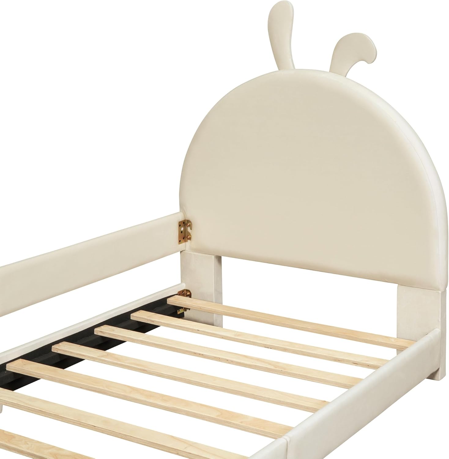 Cama tapizada de tamaño individual con cabecera en forma de conejo, marco de cama de plataforma baja con rieles, sofá cama de terciopelo con soporte