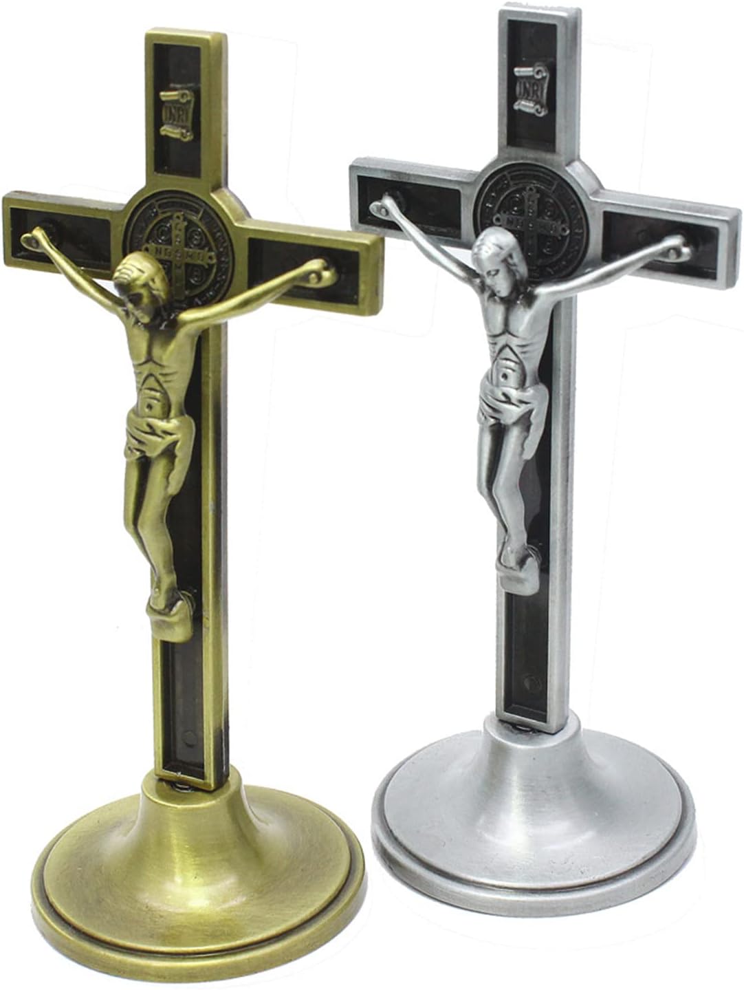 Crucifijo de pie con soporte desmontable, 4.5 pulgadas de metal católico de Jesucristo Cruz de Jesús estatua escultura para el hogar, oficina,