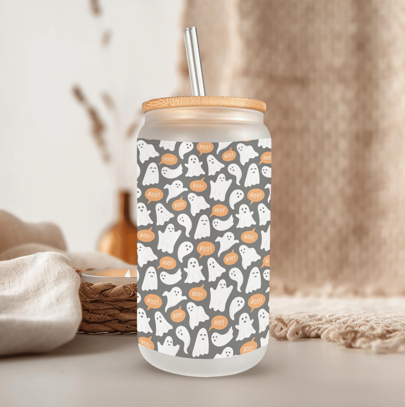 Cute Little Ghost Frosted Glass Can with Bamboo Lid, straw and cleaning brush, 16 Oz Halloween Vibes Glass Cup Mugzan