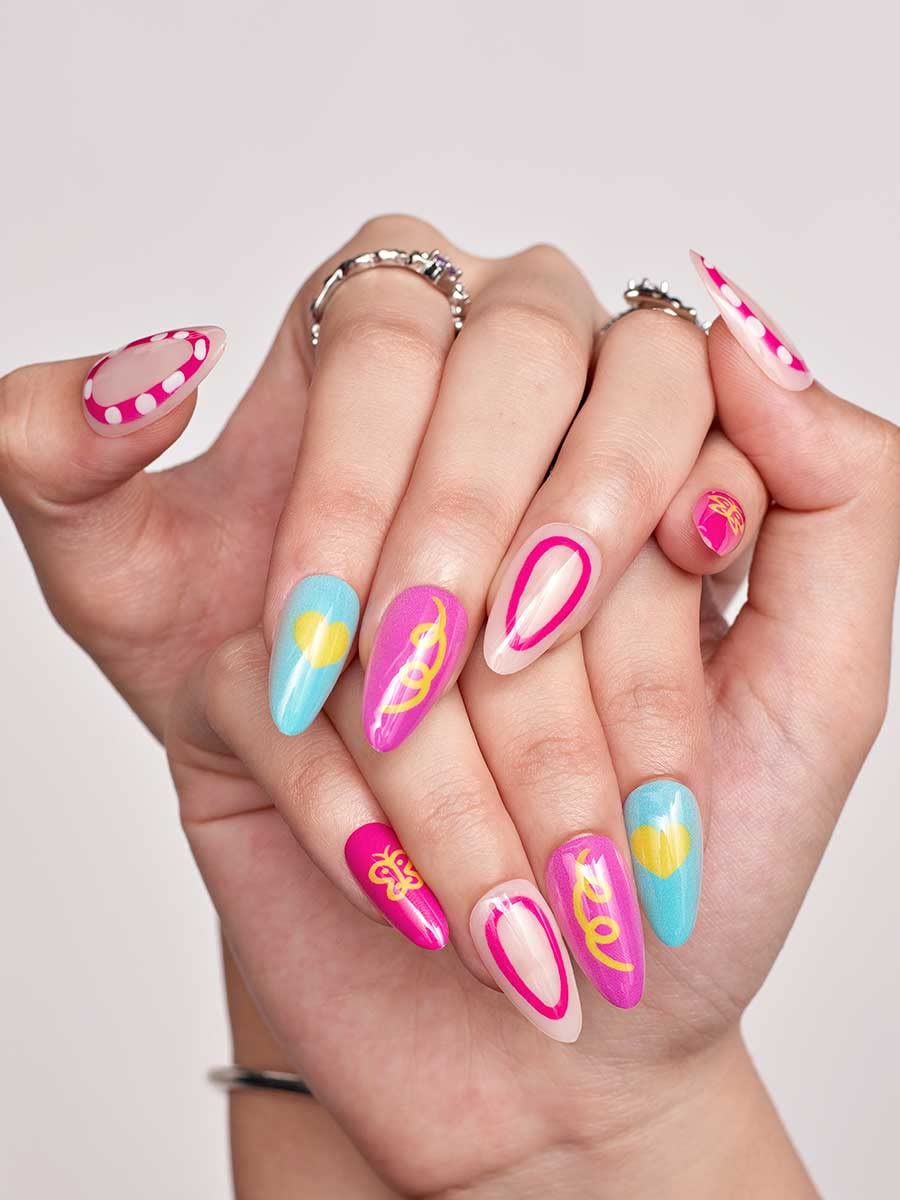 GLAMERMAID – Uñas postizas cortas a presión, color rosa intenso, almendra mediana, pegamento en las uñas, uñas postizas, uñas postizas acrílicas,