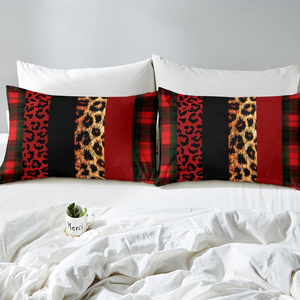 Manfei Sábana bajera ajustable con estampado de leopardo, tamaño individual, juego de ropa de cama a cuadros rojos y negros, 2 piezas para
