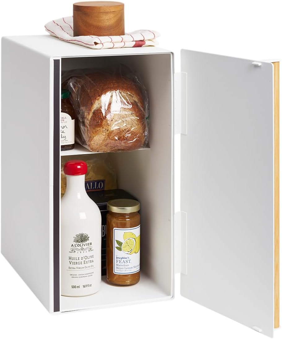 YAMAZAKI Home Tosca – Recipiente para pan de metal, ahorro de almacenamiento delgado para mostrador, vertical, acero + madera, blanco