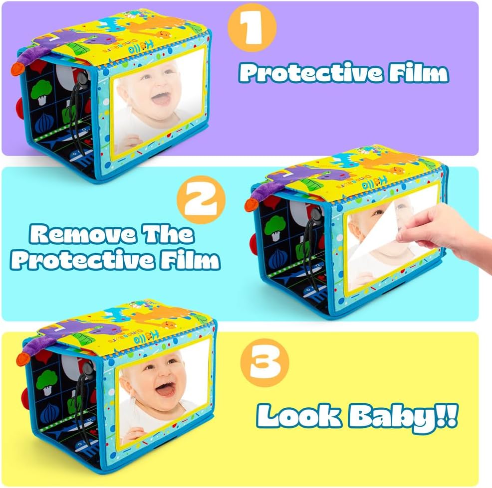 Juguetes de espejo para el tiempo boca abajo con libro suave arrugado, espejo para bebé, color blanco y negro, juguetes para bebés de alto