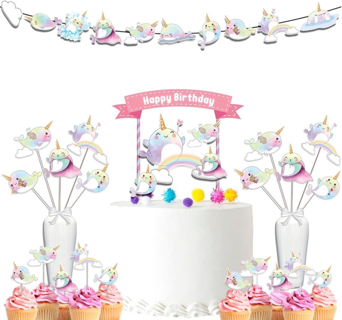 Juego de decoración de fiesta de cumpleaños de Narwhal. Gran paquete para temática de narval para niñas