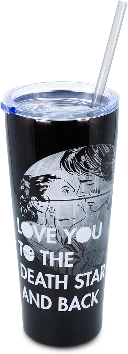 Silver Buffalo Vaso de acero inoxidable de doble pared con pajilla, diseño de Star Wars Love You to the Death Star and Back, 22 onzas