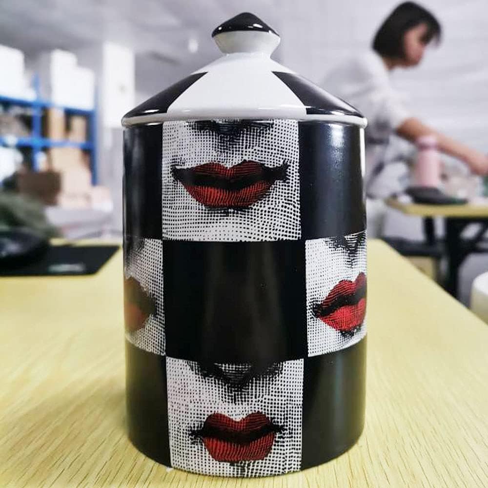 Tarro de vela de aromaterapia con diseño de labios rojos a cuadros, botella decorativa, hisopo de algodón, caja vacía con tapa, diseño clásico de