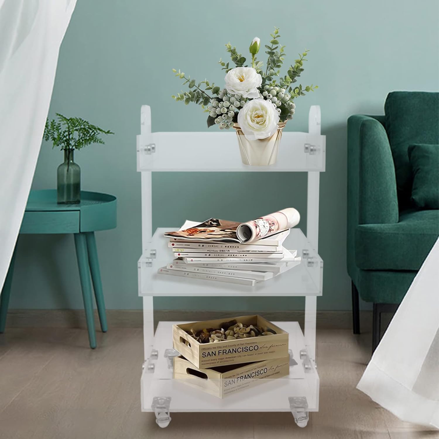 Carrito de acrílico de 3 niveles, carrito de almacenamiento multiusos, organizador de almacenamiento móvil con ruedas para baño, cocina, lavandería